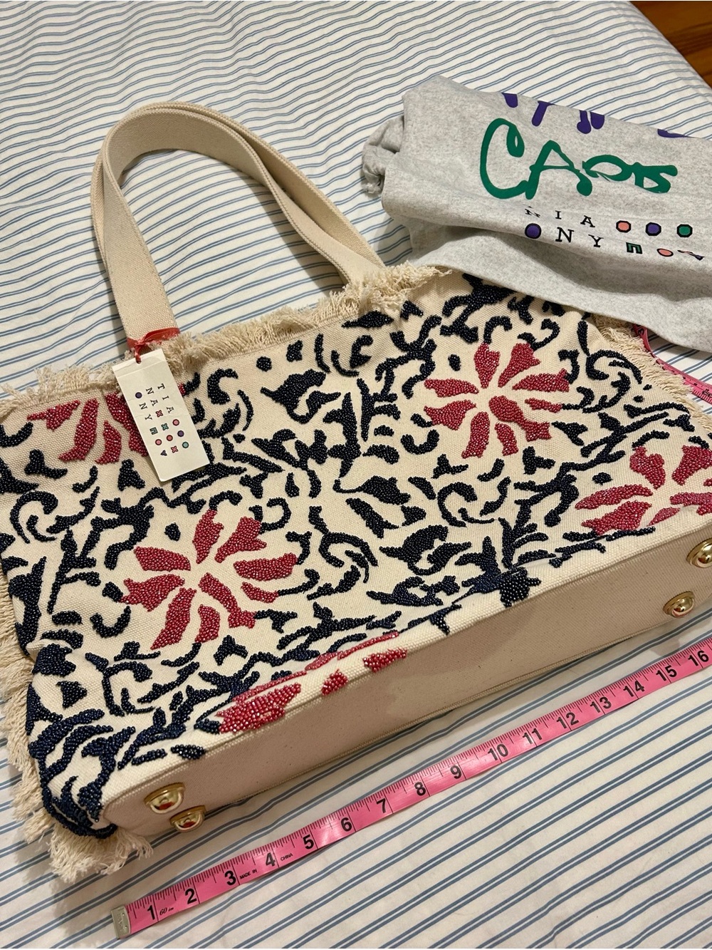 Beaded Floral Canvas Tote in Cream, Navy & Red NWT